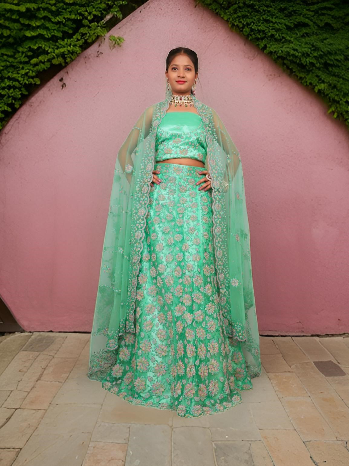 Semi-Stitched Lehenga with Soft Net Fabric & Multi beads work by Shreekama