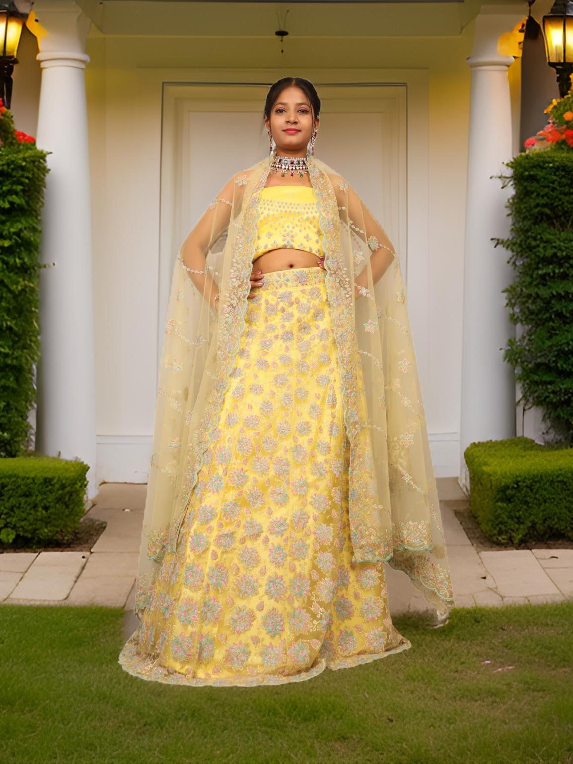 Semi-Stitched Lehenga with Soft Net Fabric & Multi beads work by Shreekama