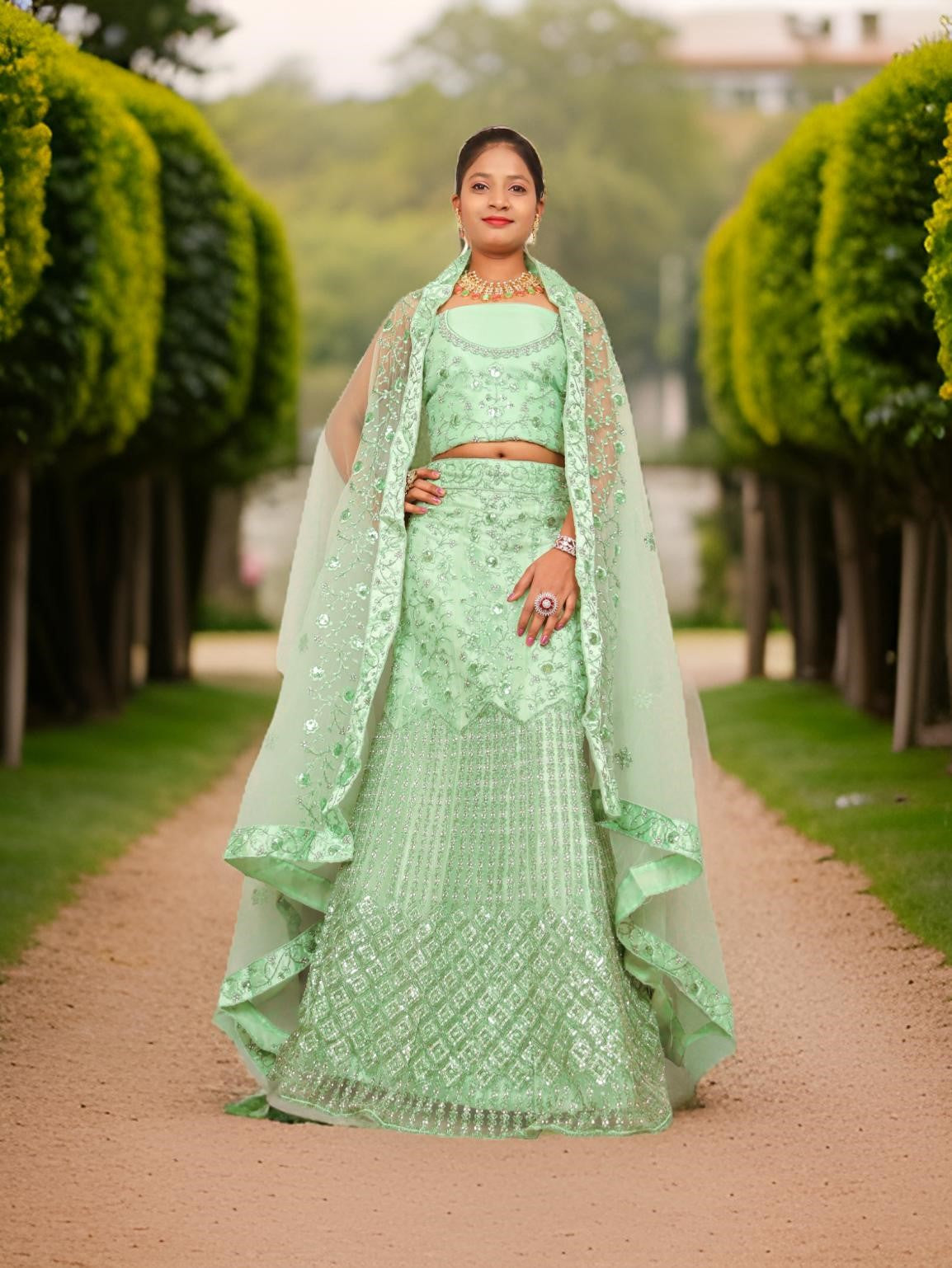 Semi-Stitched Lehenga with Soft Net Fabric & Zari Thread Work by Shreekama