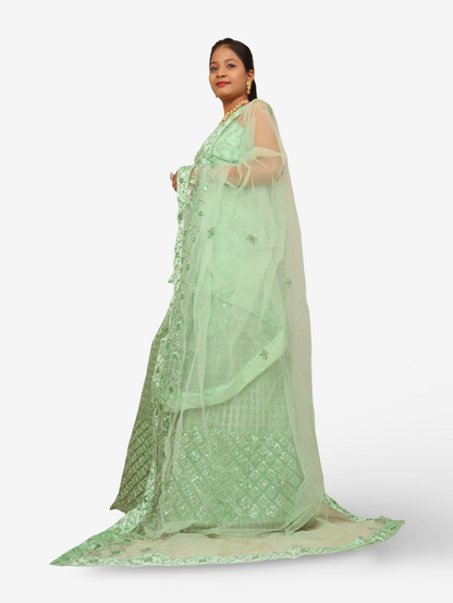 Semi-Stitched Lehenga with Soft Net Fabric & Zari Thread Work by Shreekama