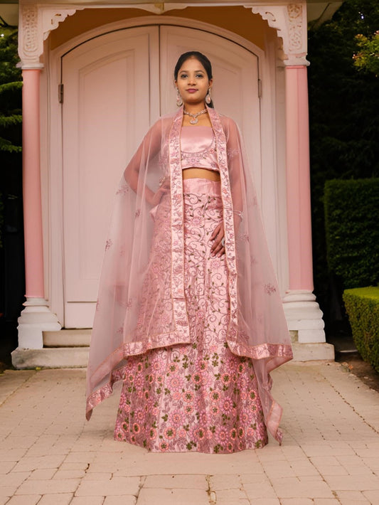 Semi-Stitched Lehenga with Soft Net Fabric & Zari Thread Work by Shreekama