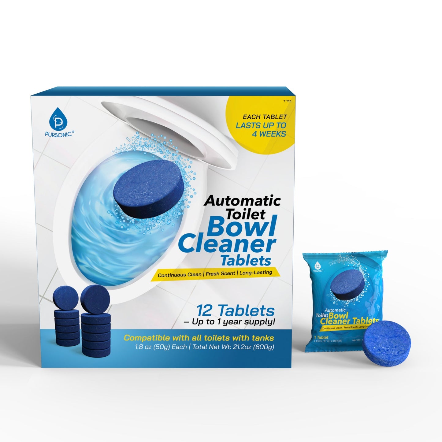 Pursonic Automatic Toilet Bowl Cleaner Tablets | Stain & Odor Removal, Long-Lasting Freshness, Blue Water Indicator