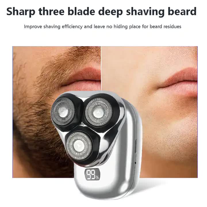 NNEDSZ TS-099 Gray Rechargeable Electric Rotary Shaver for Men with LED Display, USB Charging Cable, and Cleaning Brush - Compact & Portable Design