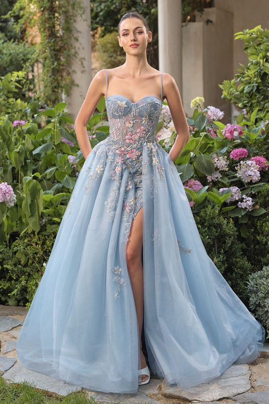 Enchanted Floral Butterfly Ball Gown with Glitter Tulle Skirt