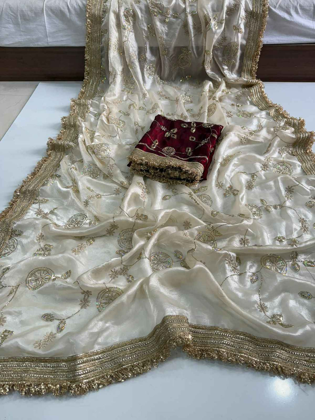Madhubala Ivory Saree with Stitched Blouse