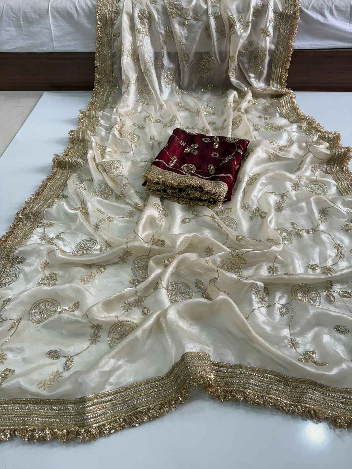 Madhubala Ivory Saree with Stitched Blouse