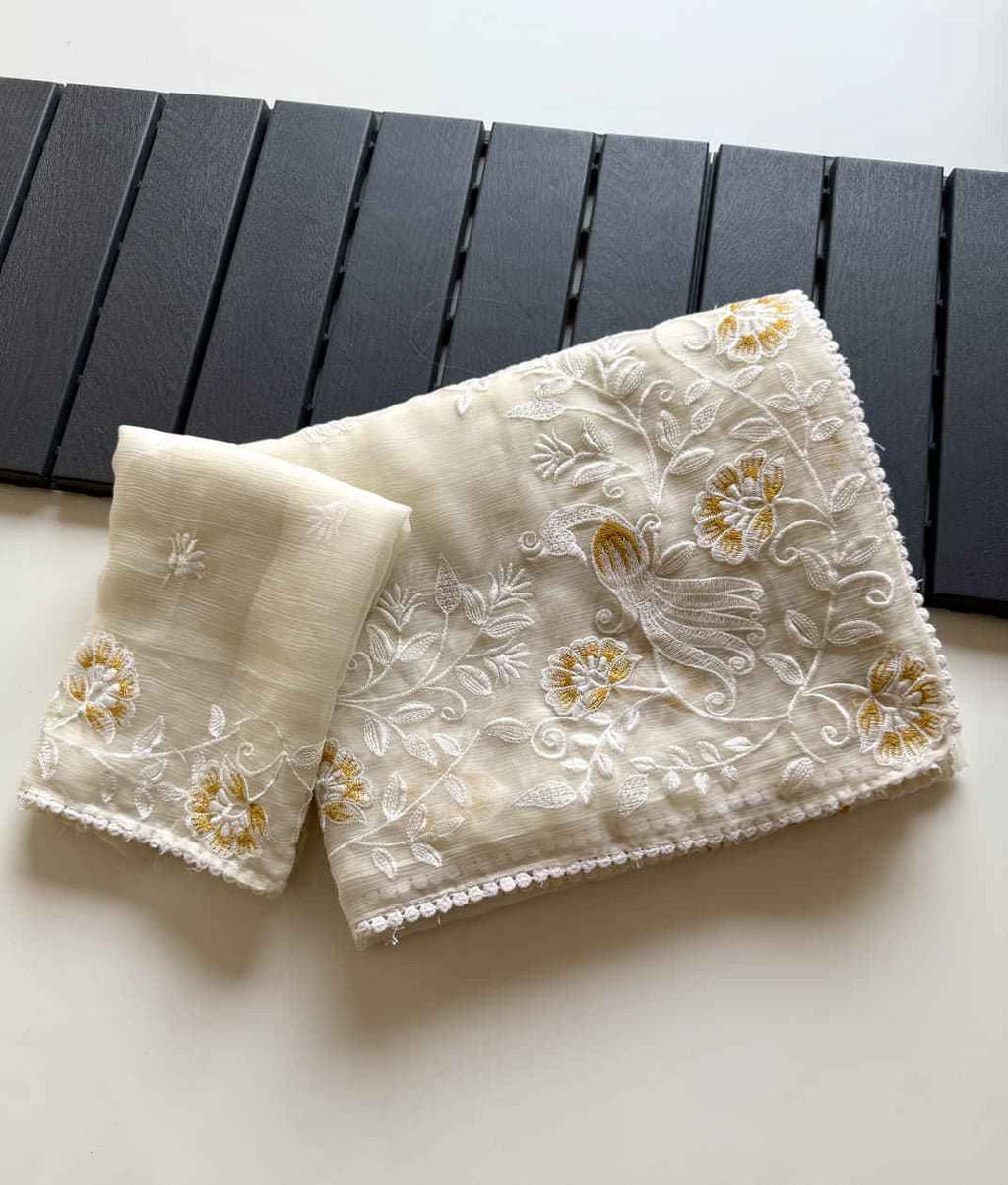 Ivory Gulnaar Embroidered Chiffon Saree