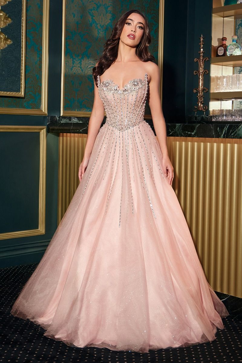 Strapless Ball Gown Beaded Bustline Linear Crystal Glitter Tulle Skirt