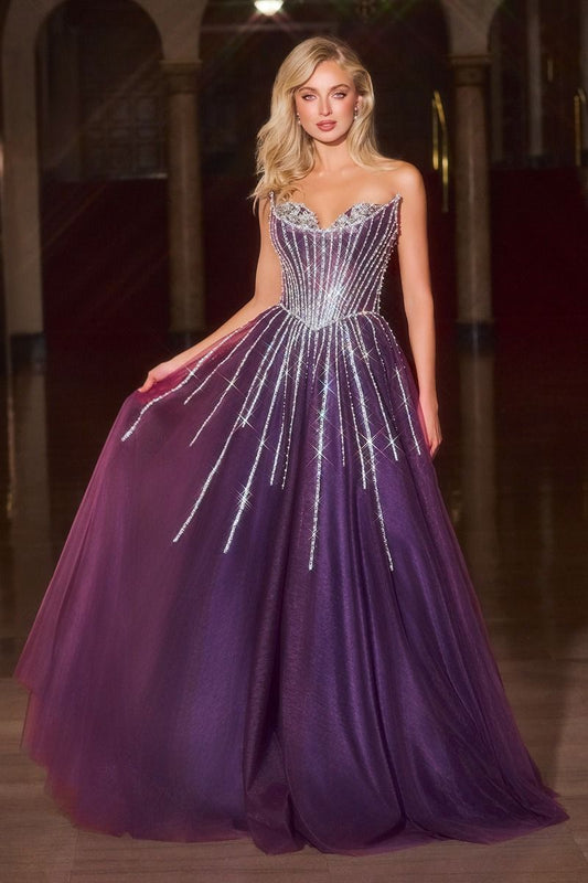 Strapless Ball Gown Beaded Bustline Linear Crystal Glitter Tulle Skirt