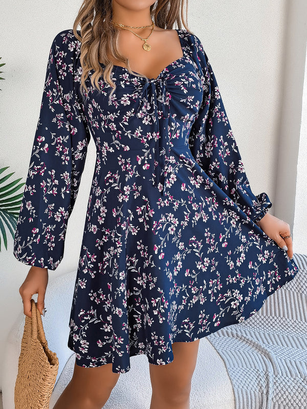 Women's Casual Sexy Tie Waist Square Neck Floral Print Long Sleeve A-Line Dress