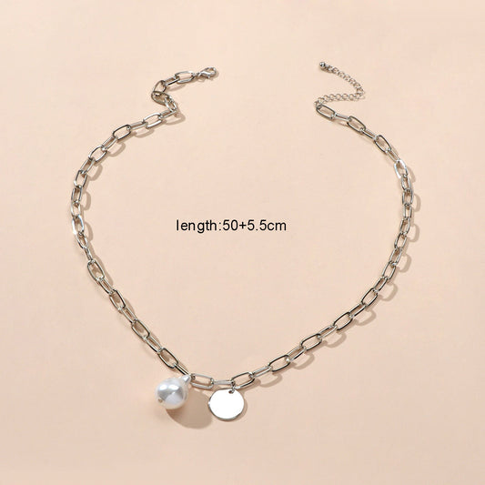 Trendy Jewelry Silver Chain Pearl Disc Charm Necklace Party Decoration for Women