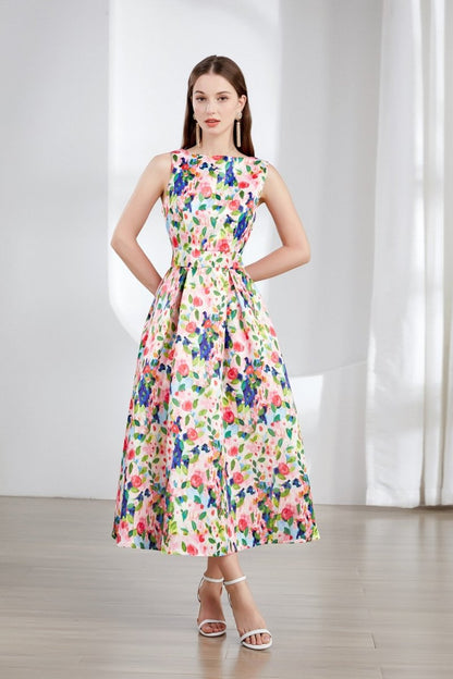 Floral Sleeveless Boatneck Flared A Line Midi Dress