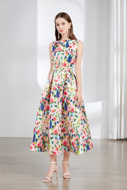 Floral Sleeveless Boatneck Flared A Line Midi Dress