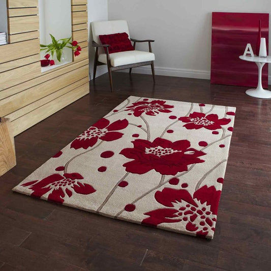 Beige, Crimson Red & Taupe Floral Wool Rug | Wool | Floramuse by Rugfine