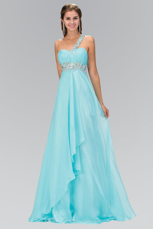 One Shoulder Chiffon Long Dress Accented with Jewel