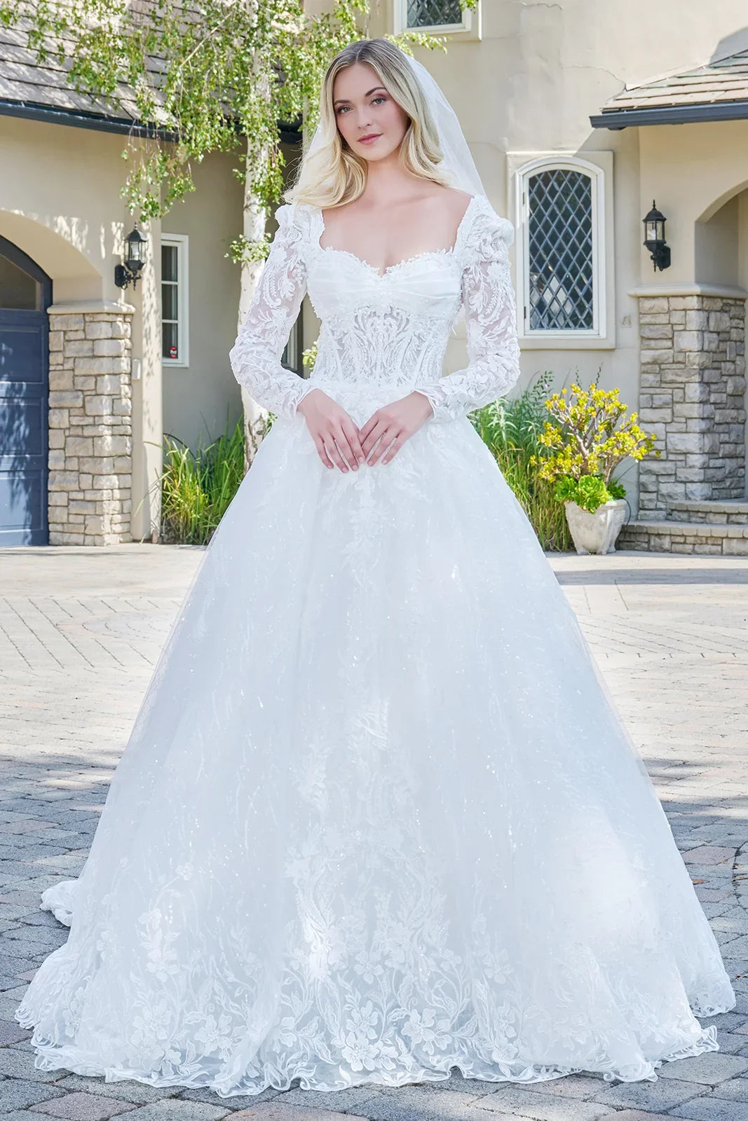 Wedding Dress With V-Neck And Corset Bodice With Long Transparent Sleeves