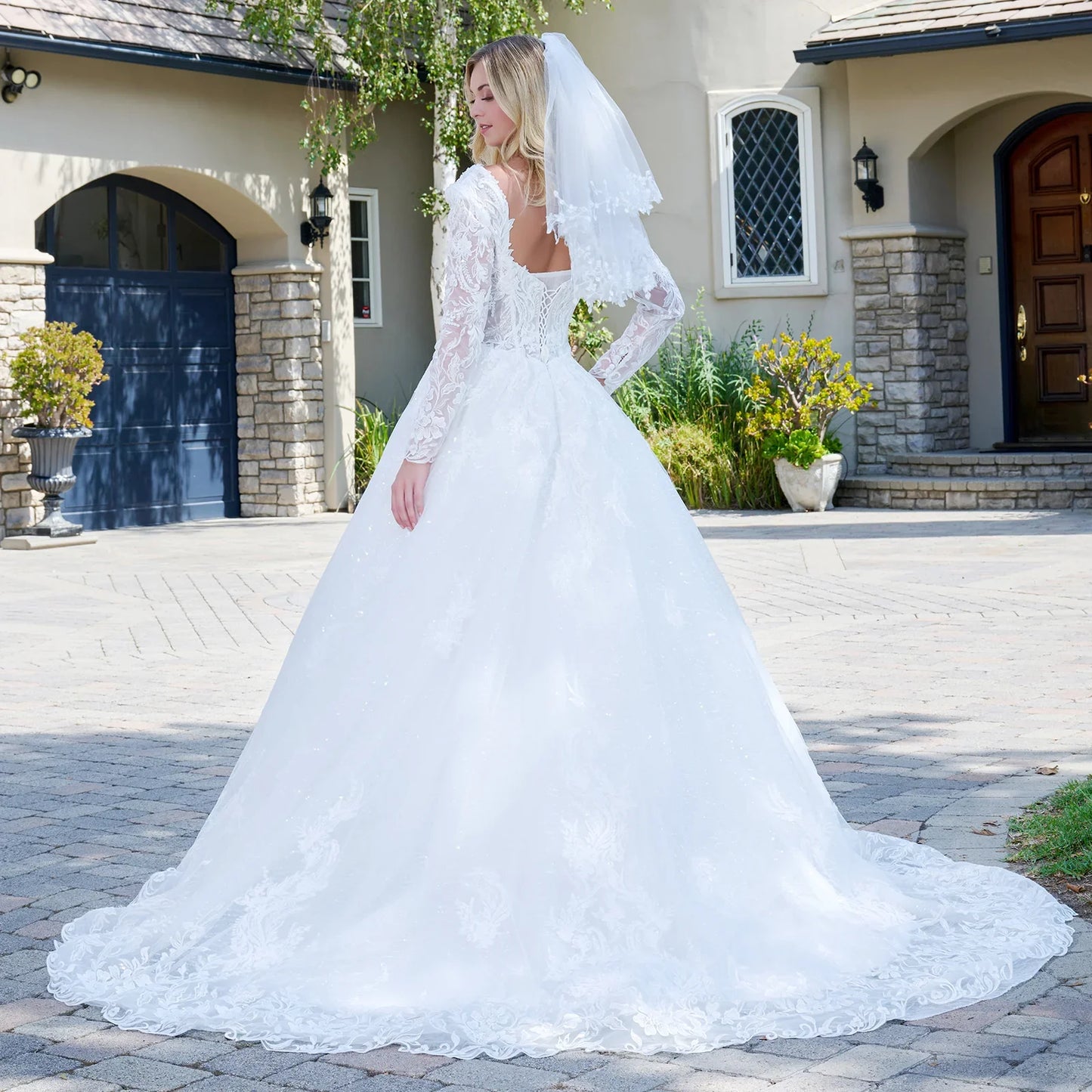 Wedding Dress With V-Neck And Corset Bodice With Long Transparent Sleeves