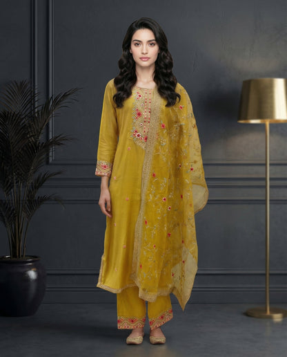 Mustard Yellow Floral Embroidered Kurta Set with Palazzo & Embroidered Organza Dupatta