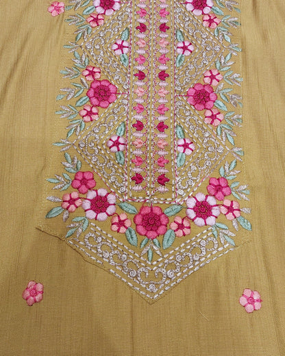 Mustard Yellow Floral Embroidered Kurta Set with Palazzo & Embroidered Organza Dupatta