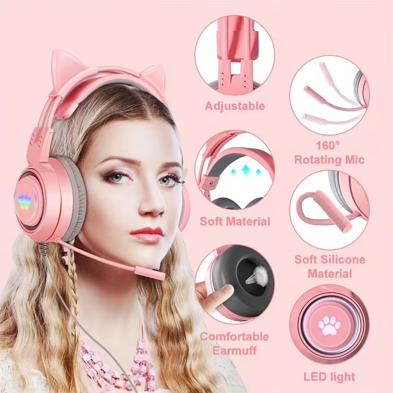 Cat Ear Gaming Headphones with RGB Lights