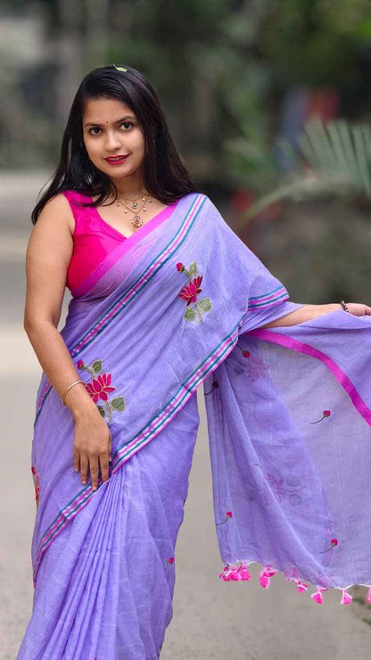 Lavender Lotus Mul Cotton Embroidered Saree
