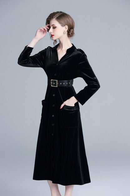 Midnight Black Velvet Long Sleeve Belted Midi Dress