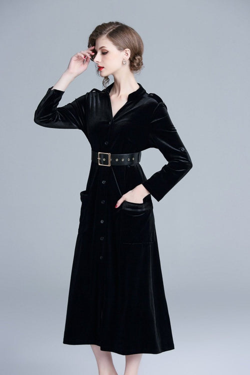 Midnight Black Velvet Long Sleeve Belted Midi Dress
