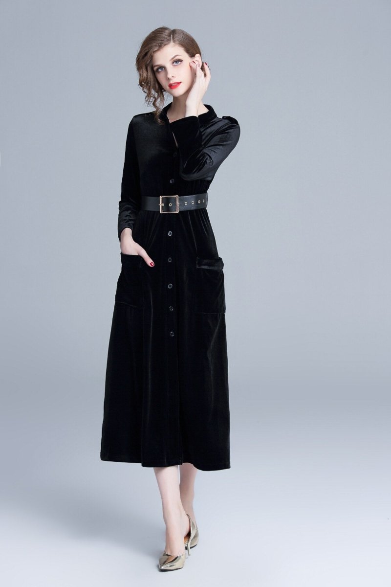 Midnight Black Velvet Long Sleeve Belted Midi Dress