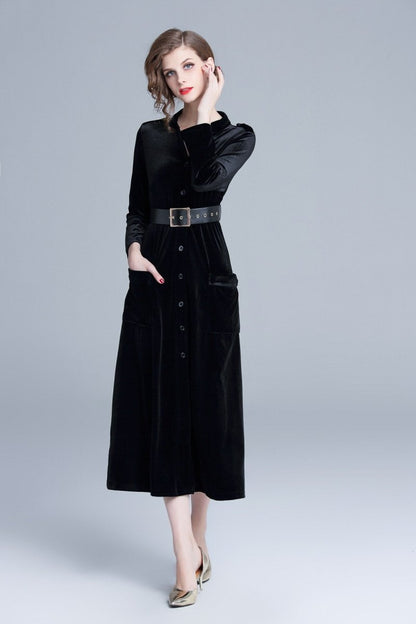 Midnight Black Velvet Long Sleeve Belted Midi Dress