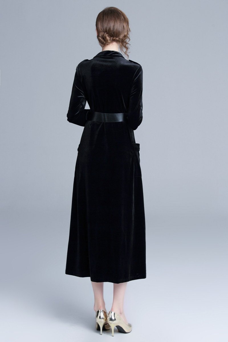 Midnight Black Velvet Long Sleeve Belted Midi Dress