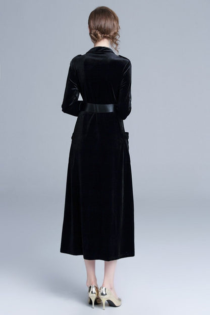 Midnight Black Velvet Long Sleeve Belted Midi Dress