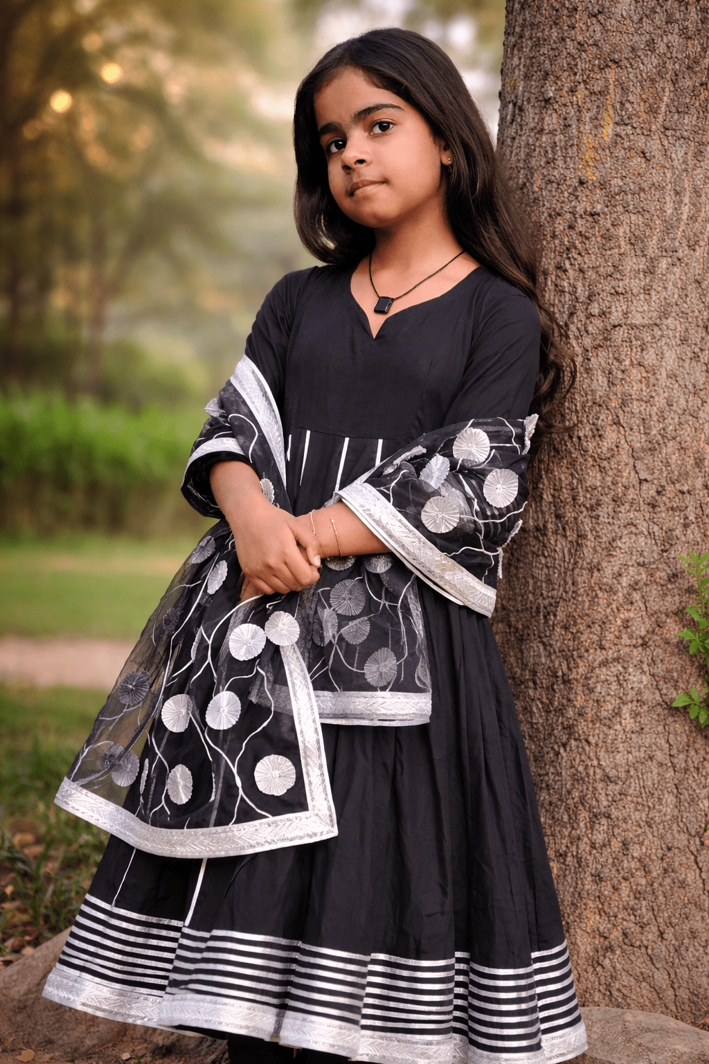 Midnight Bloom Cotton Anarkali Set with Organza Dupatta
