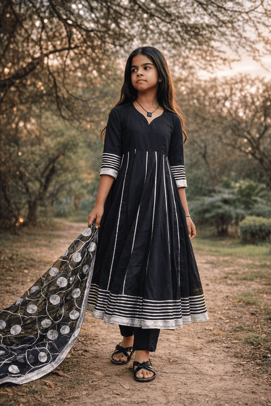Midnight Bloom Cotton Anarkali Set with Organza Dupatta