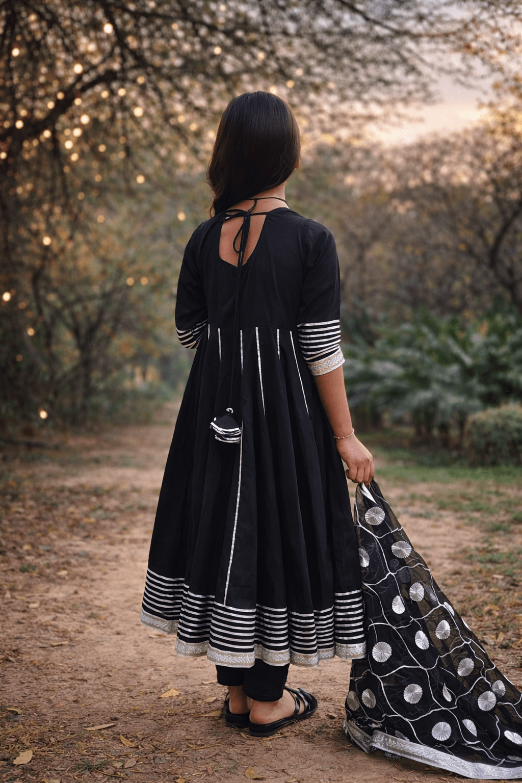 Midnight Bloom Cotton Anarkali Set with Organza Dupatta