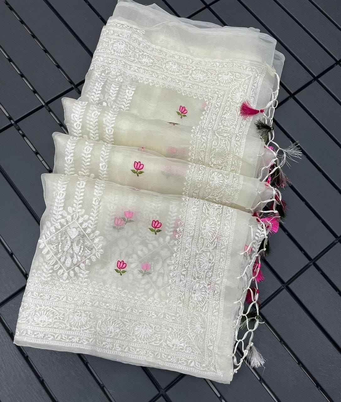 Noor-e-Kamal Lucknowi Embroidered Pure Organza Saree with Satin Silk Blouse