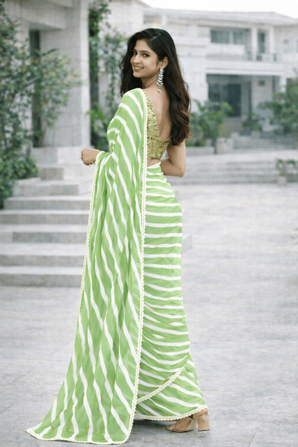 Pistachio Whisper Leheriya Georgette Saree