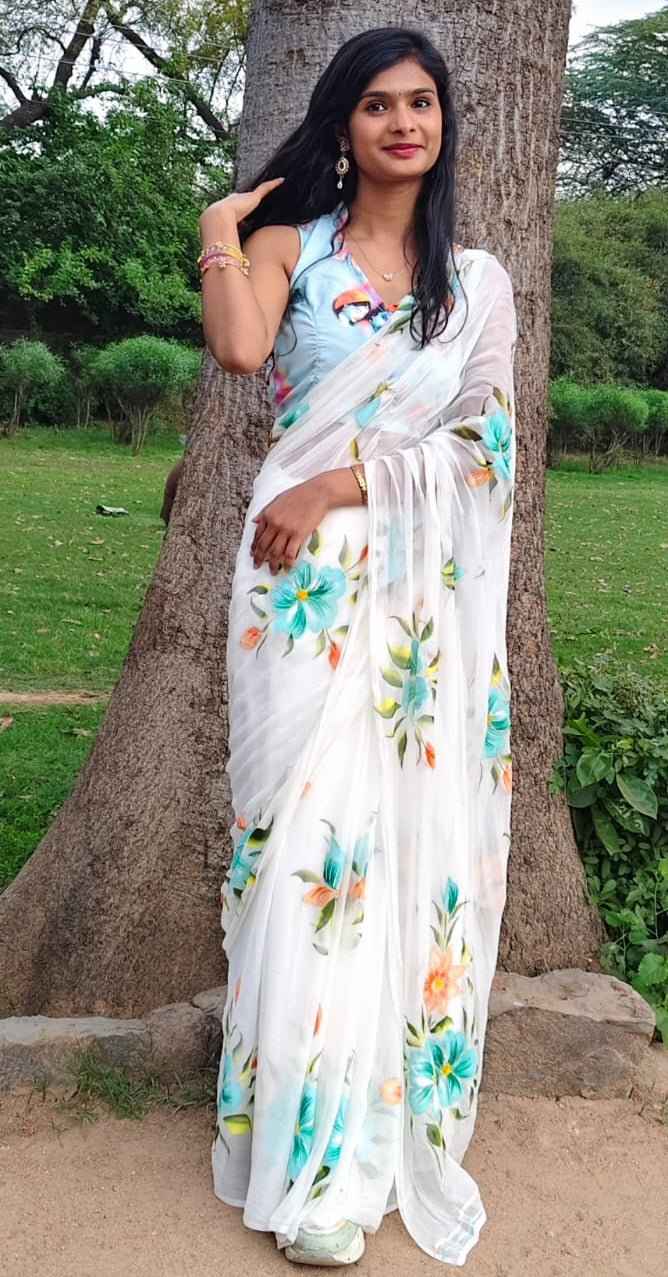 Pushpika Handpainted Chiffon Saree