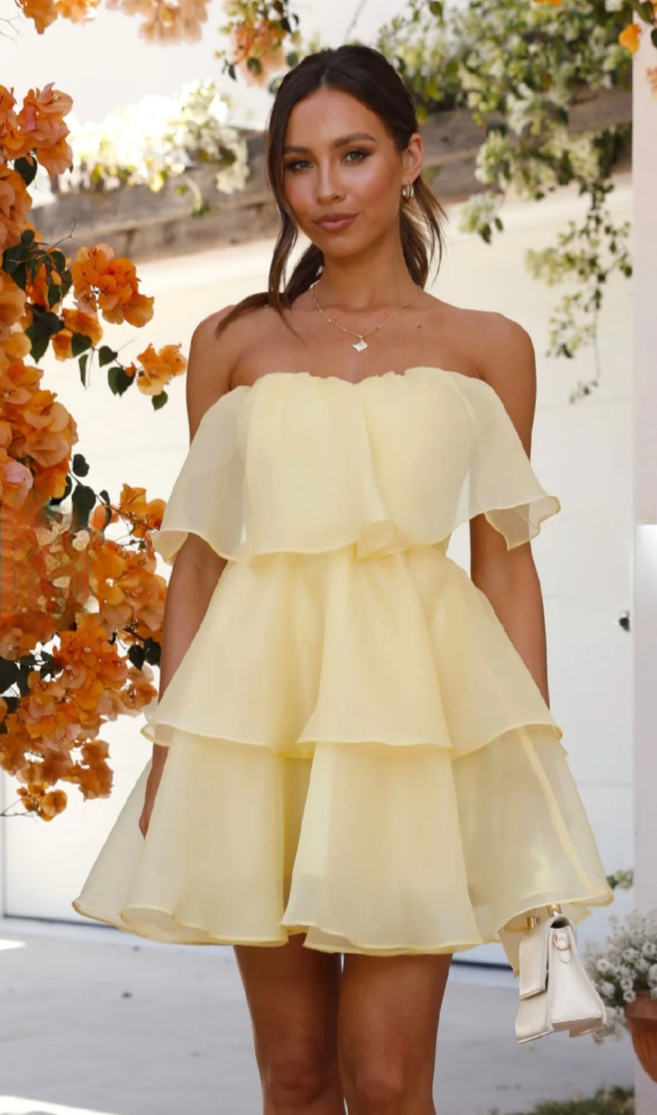 Butter Yellow Organza Tiered Mini Dress