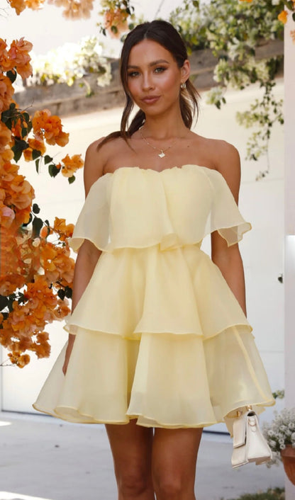 Butter Yellow Organza Tiered Mini Dress